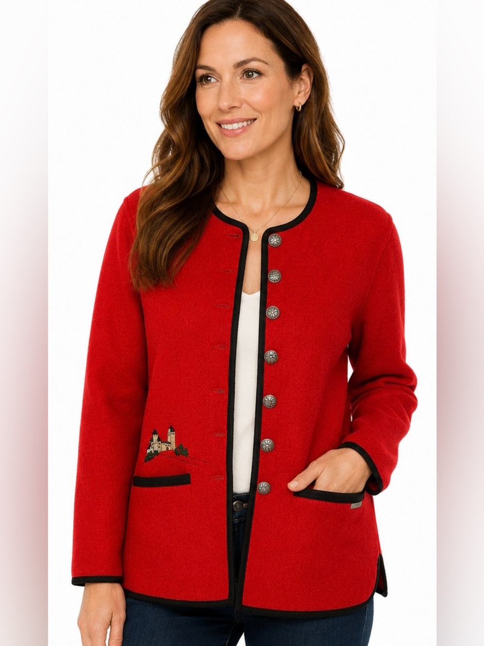 Vintage 80/90 Geiger Austria Red Boiled Wool Cardigan Jacket 38 Castle Embroider